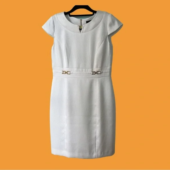 Tahari Authur S.Levine White Dress Gold Details Cap Sleeve 10 - Picture 1 of 13